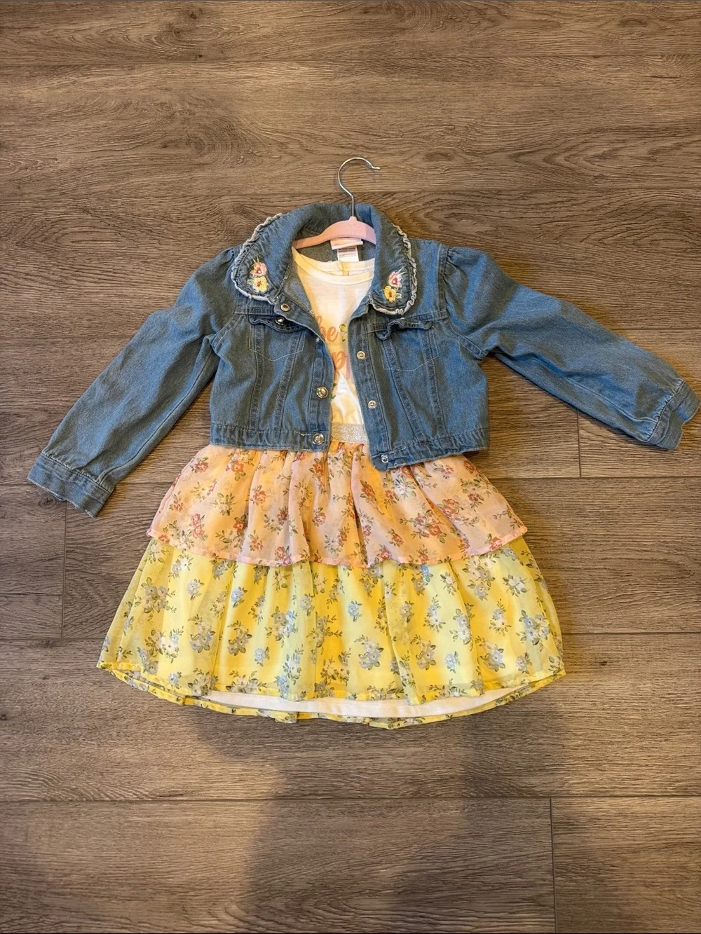 Be Happy Floral Tiered Dress with Denim Jacket Size 5 L1 - Picture 2 of 4